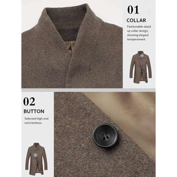 Men's Khaki Black Trench Coat Long Wool Blend Overcoat Slim Fit Down Topcoat - Picture 4 of 7